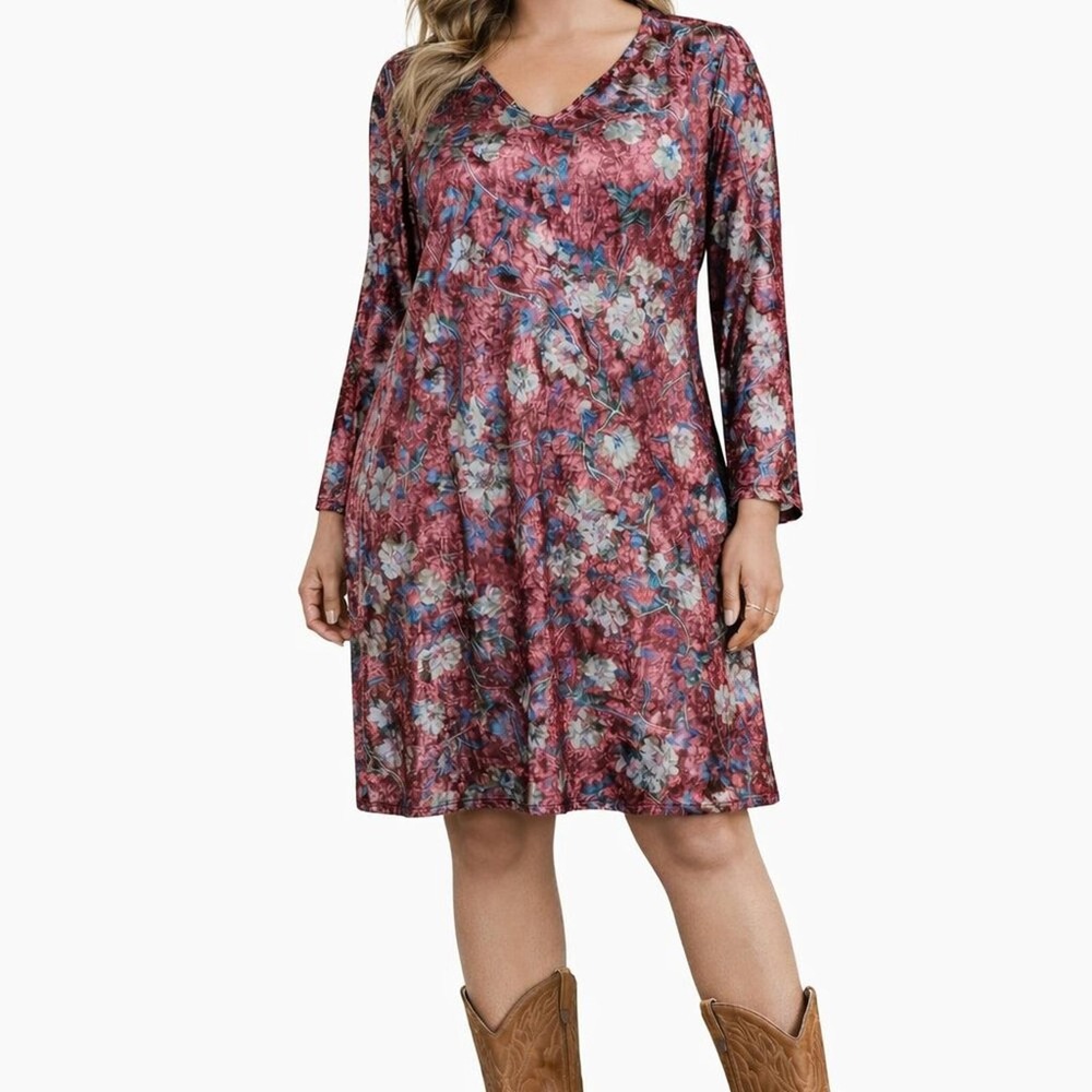Simply Noelle Burgundy Floral Velvet V-Neck Split Sleeve Shift Dress S/M